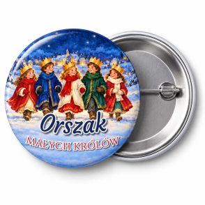 Przypinka Orszak Małych Królów: przypinka na Orszak Trzech Króli z napisem Orszak małych królów – przód i aluminiowy tył z agrafką