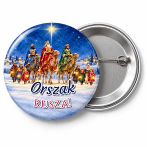 Przypinka Orszak Rusza: przypinka na Orszak Trzech Króli z napisem Orszak rusza! – przód i aluminiowy tył z agrafką