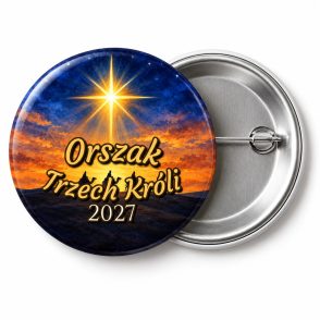 Przypinka Orszak Trzech Króli 2027 Gwiazda Betlejemska: przypinka na Orszak Trzech Króli z napisem Orszak Trzech Króli oraz polem rok (np. 2027) – przód i aluminiowy tył z agrafką