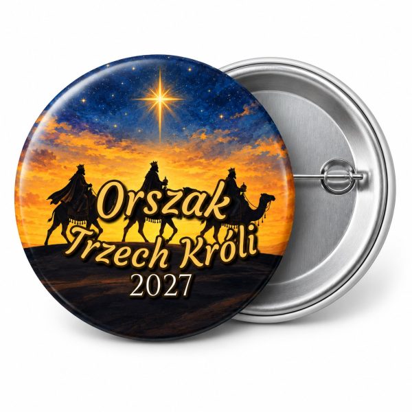 Przypinka Orszak Trzech Króli 2027 Karawana o Zmierzchu: przypinka na Orszak Trzech Króli z napisem Orszak Trzech Króli oraz polem rok (np. 2027) – przód i aluminiowy tył z agrafką