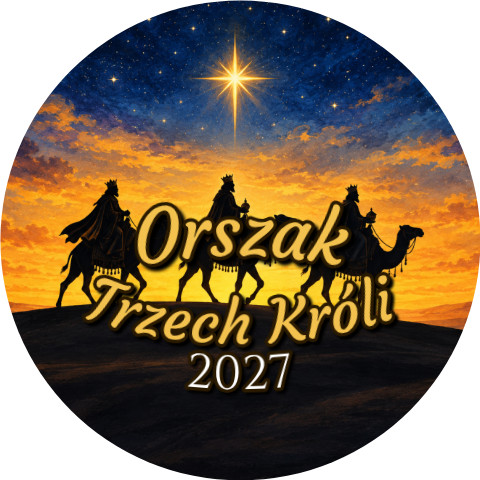 Wzór: Przypinka Orszak Trzech Króli 2027 Karawana o Zmierzchu – napis Orszak Trzech Króli i pole rok