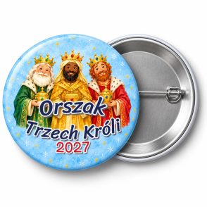 Przypinka Orszak Trzech Króli 2027 Trzej Mali Królowie: przypinka na Orszak Trzech Króli z napisem Orszak Trzech Króli oraz polem rok (np. 2027) – przód i aluminiowy tył z agrafką