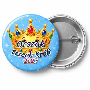 Przypinka Orszak Trzech Króli 2027 Wesoła Korona: przypinka na Orszak Trzech Króli z napisem Orszak Trzech Króli oraz polem rok (np. 2027) – przód i aluminiowy tył z agrafką