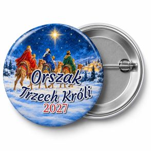 Przypinka Orszak Trzech Króli 2027 Zimowy Orszak: przypinka na Orszak Trzech Króli z napisem Orszak Trzech Króli oraz polem rok (np. 2027) – przód i aluminiowy tył z agrafką