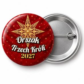 Przypinka Orszak Trzech Króli 2027 Złota Gwiazda: przypinka na Orszak Trzech Króli z napisem Orszak Trzech Króli oraz polem rok (np. 2027) – przód i aluminiowy tył z agrafką