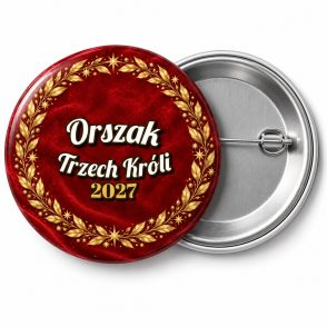 Przypinka Orszak Trzech Króli 2027 Złoty Wieniec: przypinka na Orszak Trzech Króli z napisem Orszak Trzech Króli oraz polem rok (np. 2027) – przód i aluminiowy tył z agrafką