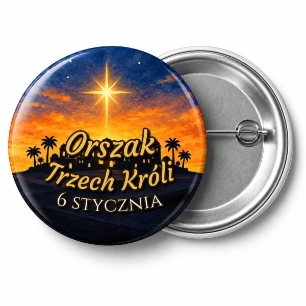 Przypinka Orszak Trzech Króli 6 Stycznia Betlejem: przypinka na Orszak Trzech Króli z napisem Orszak Trzech Króli oraz polem data (np. 6 stycznia) – przód i aluminiowy tył z agrafką