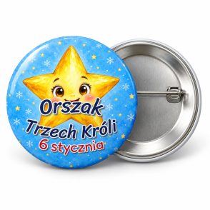 Przypinka Orszak Trzech Króli 6 Stycznia Gwiazdka: przypinka na Orszak Trzech Króli z napisem Orszak Trzech Króli oraz polem data (np. 6 stycznia) – przód i aluminiowy tył z agrafką