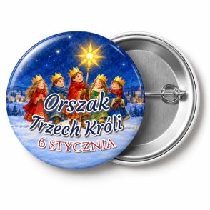Przypinka Orszak Trzech Króli 6 Stycznia Kolędnicy: przypinka na Orszak Trzech Króli z napisem Orszak Trzech Króli oraz polem data (np. 6 stycznia) – przód i aluminiowy tył z agrafką