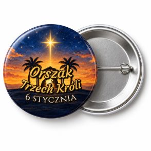 Przypinka Orszak Trzech Króli 6 Stycznia Stajenka: przypinka na Orszak Trzech Króli z napisem Orszak Trzech Króli oraz polem data (np. 6 stycznia) – przód i aluminiowy tył z agrafką
