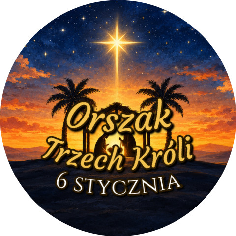 Wzór: Przypinka Orszak Trzech Króli 6 Stycznia Stajenka – napis Orszak Trzech Króli i pole data