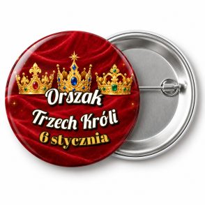 Przypinka Orszak Trzech Króli 6 Stycznia Trzy Złote Korony: przypinka na Orszak Trzech Króli z napisem Orszak Trzech Króli oraz polem data (np. 6 stycznia) – przód i aluminiowy tył z agrafką