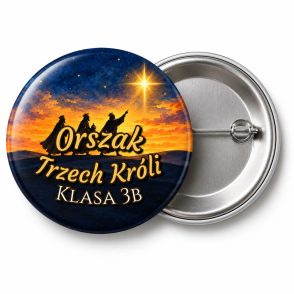 Przypinka Orszak Trzech Króli Klasa Wędrowcy: przypinka na Orszak Trzech Króli z napisem Orszak Trzech Króli oraz polem klasa (np. Klasa 3b) – przód i aluminiowy tył z agrafką