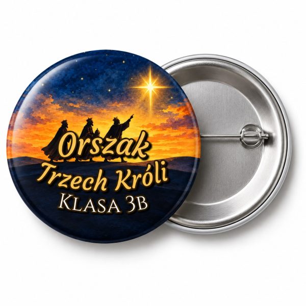 Przypinka Orszak Trzech Króli Klasa Wędrowcy: przypinka na Orszak Trzech Króli z napisem Orszak Trzech Króli oraz polem klasa (np. Klasa 3b) – przód i aluminiowy tył z agrafką