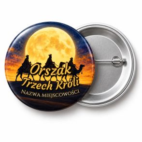 Przypinka Orszak Trzech Króli Miejscowość Pełnia Księżyca: przypinka na Orszak Trzech Króli z napisem Orszak Trzech Króli oraz polem miejscowość (np. Nazwa miejscowości) – przód i aluminiowy tył z agrafką