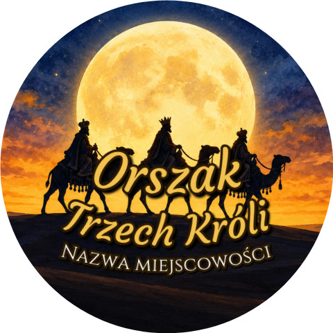 Wzór: Przypinka Orszak Trzech Króli Miejscowość Pełnia Księżyca – napis Orszak Trzech Króli i pole miejscowość