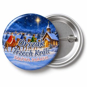 Przypinka Orszak Trzech Króli Parafia Kościółek: przypinka na Orszak Trzech Króli z napisem Orszak Trzech Króli oraz polem nazwa parafii (np. Nazwa parafii) – przód i aluminiowy tył z agrafką