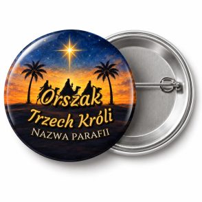 Przypinka Orszak Trzech Króli Parafia Palmy: przypinka na Orszak Trzech Króli z napisem Orszak Trzech Króli oraz polem nazwa parafii (np. Nazwa parafii) – przód i aluminiowy tył z agrafką