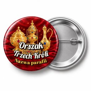 Przypinka Orszak Trzech Króli Parafia Złote Dary: przypinka na Orszak Trzech Króli z napisem Orszak Trzech Króli oraz polem nazwa parafii (np. Nazwa parafii) – przód i aluminiowy tył z agrafką