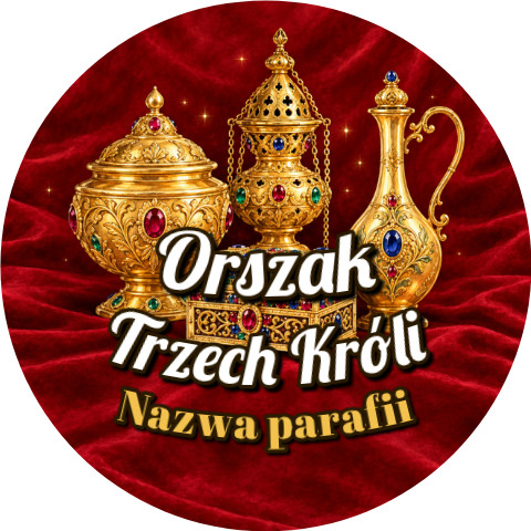Wzór: Przypinka Orszak Trzech Króli Parafia Złote Dary – napis Orszak Trzech Króli i pole nazwa parafii