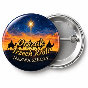 Przypinka Orszak Trzech Króli Szkoła Karawana: przypinka na Orszak Trzech Króli z napisem Orszak Trzech Króli oraz polem nazwa szkoły (np. Nazwa szkoły) – przód i aluminiowy tył z agrafką