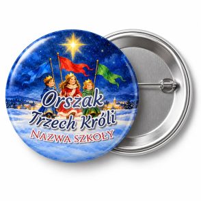Przypinka Orszak Trzech Króli Szkoła Korowód: przypinka na Orszak Trzech Króli z napisem Orszak Trzech Króli oraz polem nazwa szkoły (np. Nazwa szkoły) – przód i aluminiowy tył z agrafką