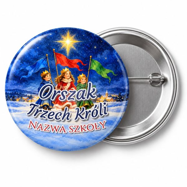 Przypinka Orszak Trzech Króli Szkoła Korowód: przypinka na Orszak Trzech Króli z napisem Orszak Trzech Króli oraz polem nazwa szkoły (np. Nazwa szkoły) – przód i aluminiowy tył z agrafką