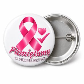 Przypinka Pamiętamy o Profilaktyce: przypinka na Różowy Październik z napisem Pamiętamy o profilaktyce – przód i aluminiowy tył z agrafką