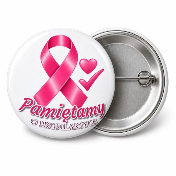 Przypinka Pamiętamy o Profilaktyce: przypinka na Różowy Październik z napisem Pamiętamy o profilaktyce – przód i aluminiowy tył z agrafką