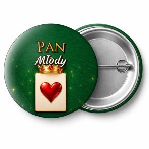 Przypinka Pan Młody Karta z Koroną: przypinka na wieczór kawalerski z napisem Pan Młody – przód i aluminiowy tył z agrafką