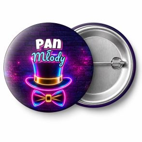 Przypinka Pan Młody Neonowy Cylinder: przypinka na wieczór kawalerski z napisem Pan Młody – przód i aluminiowy tył z agrafką