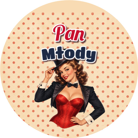 Wzór: Przypinka Pan Młody Pin-up z Muszką – grafika z napisem Pan Młody