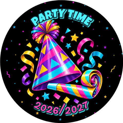 Wzór: Przypinka Party Time Emblemat – napis PARTY TIME i pole rok na sylwestrowej grafice