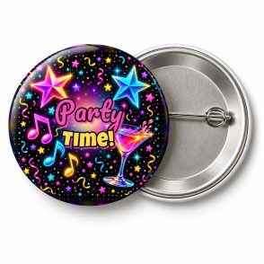 Przypinka Party Time: przypinka na Sylwestra z napisem Party Time! – przód i aluminiowy tył z agrafką