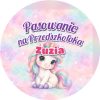 Wzór: Przypinka Pasowanie na Przedszkolaka z Imieniem Jednorożec – napis Pasowanie na Przedszkolaka i pole imię