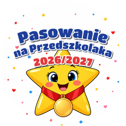 Wzór: Przypinka Pasowanie na Przedszkolaka z Rokiem Przedszkolnym Gwiazdka z Medalem – napis Pasowanie na Przedszkolaka i pole rok przedszkolny
