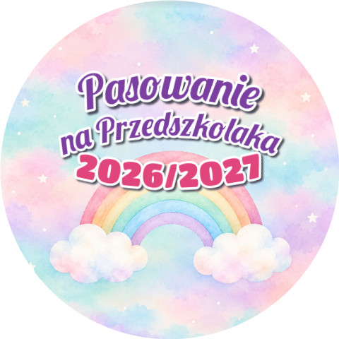 Wzór: Przypinka Pasowanie na Przedszkolaka z Rokiem Przedszkolnym Tęcza w Chmurkach – napis Pasowanie na Przedszkolaka i pole rok przedszkolny