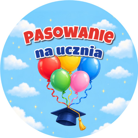 Wzór: Przypinka Pasowanie na Ucznia Balony – grafika z napisem Pasowanie na ucznia