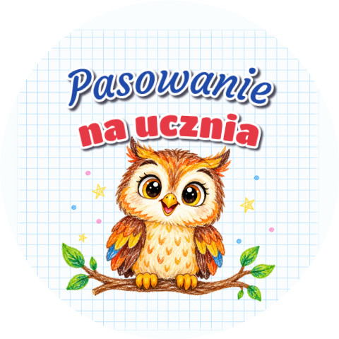 Wzór: Przypinka Pasowanie na Ucznia Kredkowa Sowa – grafika z napisem Pasowanie na ucznia