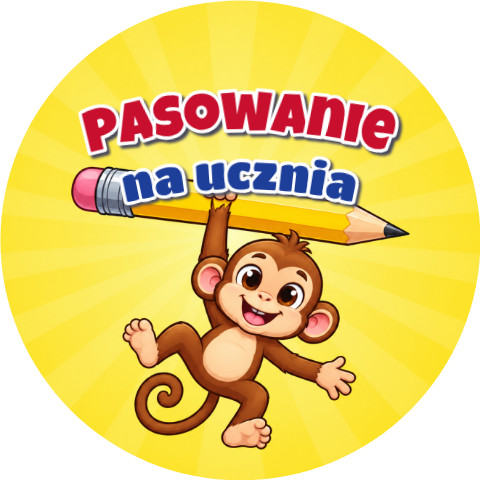 Wzór: Przypinka Pasowanie na Ucznia Małpka – grafika z napisem Pasowanie na ucznia