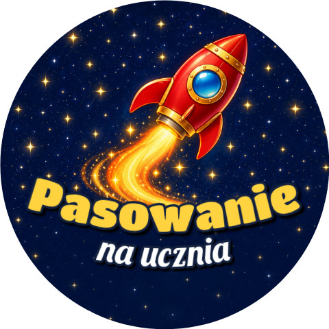 Wzór: Przypinka Pasowanie na Ucznia Rakieta – grafika z napisem Pasowanie na ucznia