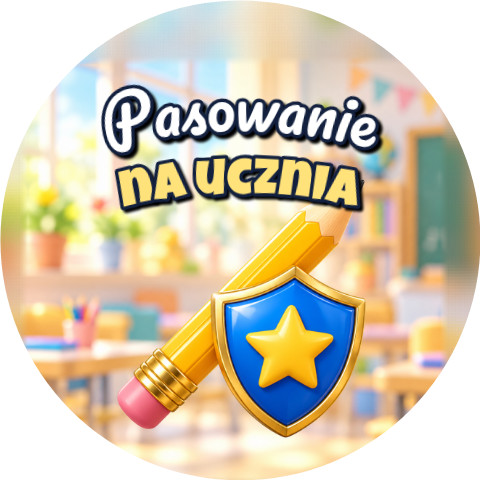 Wzór: Przypinka Pasowanie na Ucznia Wielki Ołówek i Tarcza – grafika z napisem Pasowanie na ucznia
