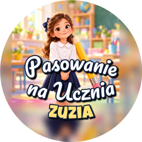 Wzór: Przypinka Pasowanie na Ucznia z Imieniem Dziewczynka Pasowana Ołówkiem – napis Pasowanie na Ucznia i pole imię