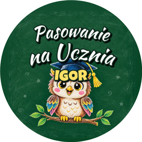 Wzór: Przypinka Pasowanie na Ucznia z Imieniem Kredowa Sowa – napis Pasowanie na Ucznia i pole imię