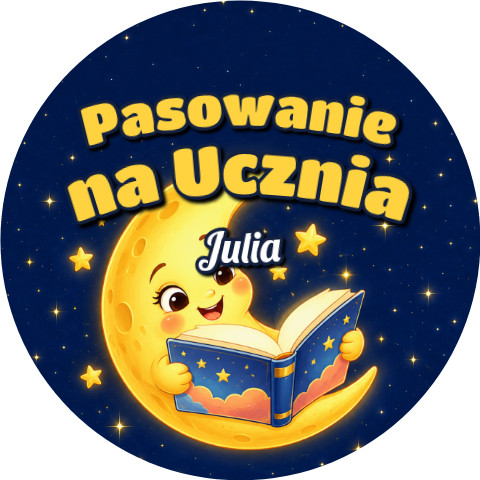 Wzór: Przypinka Pasowanie na Ucznia z Imieniem Księżyc z Książką – napis Pasowanie na Ucznia i pole imię