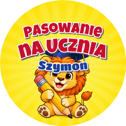 Wzór: Przypinka Pasowanie na Ucznia z Imieniem Lew w Birecie – napis Pasowanie na Ucznia i pole imię