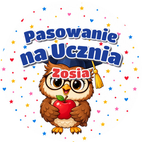 Wzór: Przypinka Pasowanie na Ucznia z Imieniem Sowa w Birecie – napis Pasowanie na Ucznia i pole imię