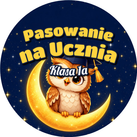 Wzór: Przypinka Pasowanie na Ucznia z Nazwą Klasy Sowa na Księżycu – napis Pasowanie na Ucznia i pole klasa