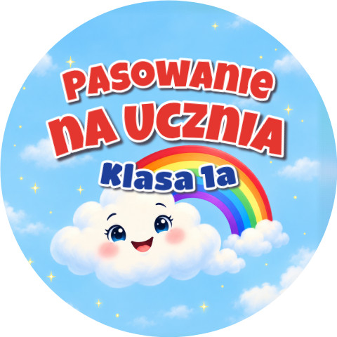 Wzór: Przypinka Pasowanie na Ucznia z Nazwą Klasy Tęczowa Chmurka – napis Pasowanie na Ucznia i pole klasa