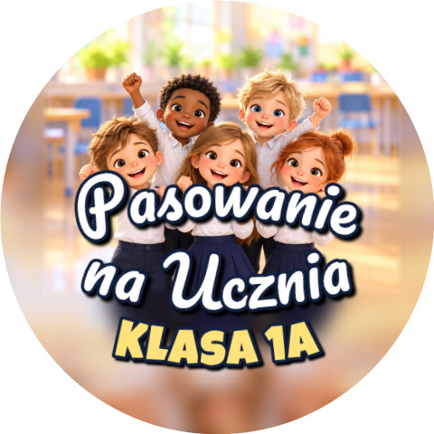 Wzór: Przypinka Pasowanie na Ucznia z Nazwą Klasy Wiwatujące Dzieci – napis Pasowanie na Ucznia i pole klasa